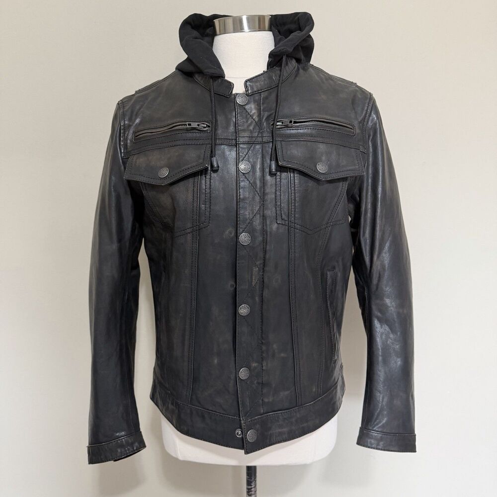 First Classics Black Leather Riding Jacket Men XS Lined Hooded Cool Weather Ride